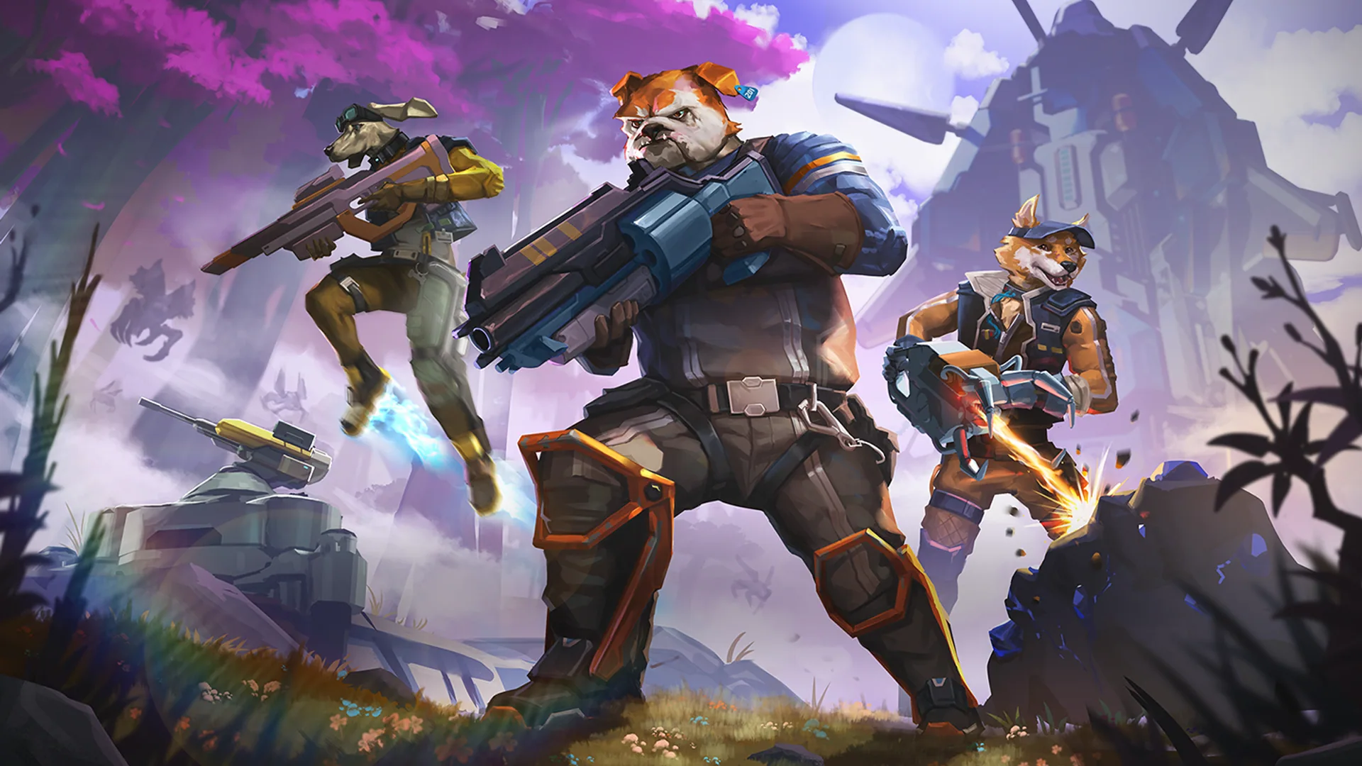 Three armored canine workers crossing an alien battlefield